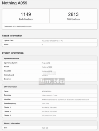 Nothing Phone 3 Seen on GeekBench with Snapdragon 7s Gen 3